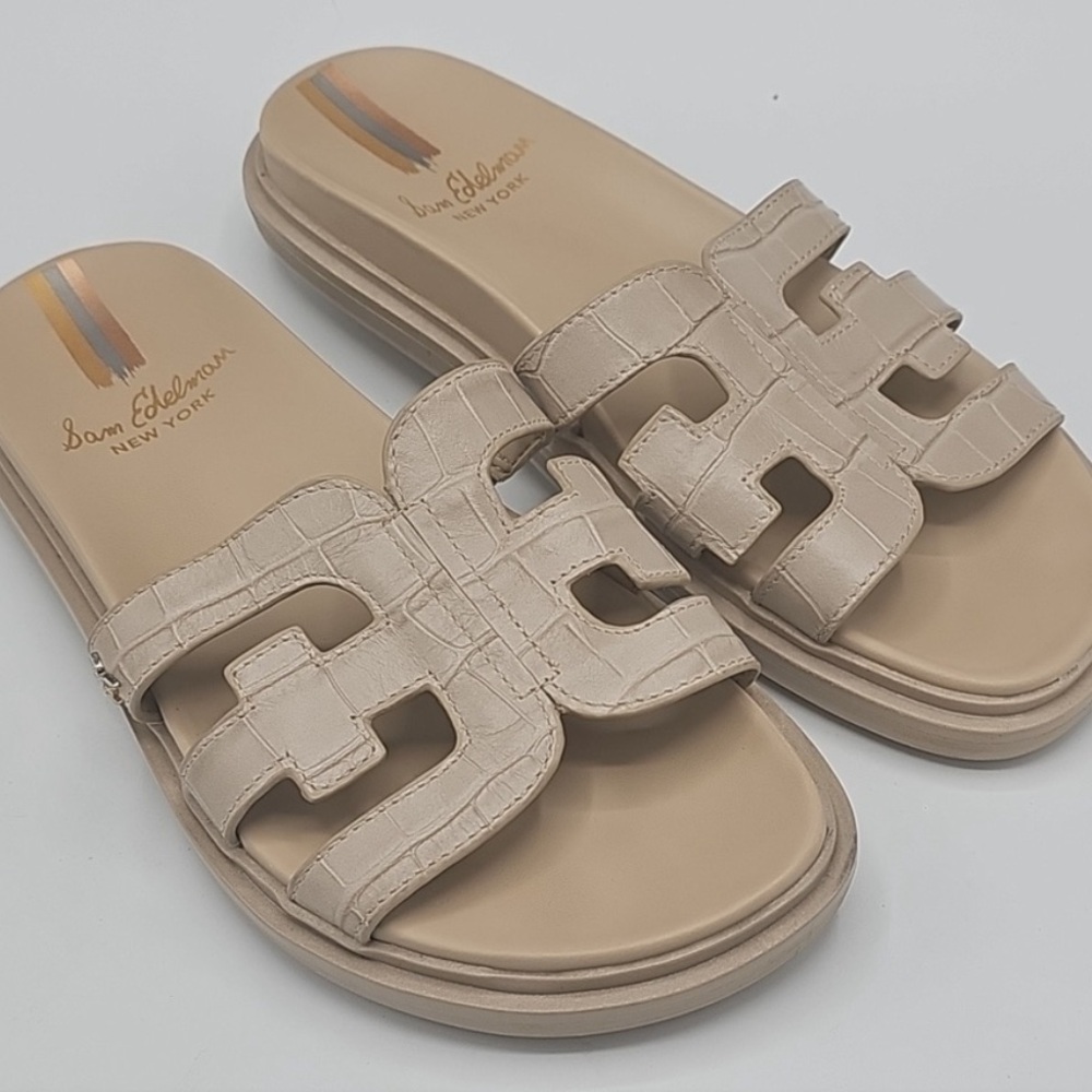 Sam Edelman Beige Croc-Embossed Slide Sandals - Picture 2 of 5